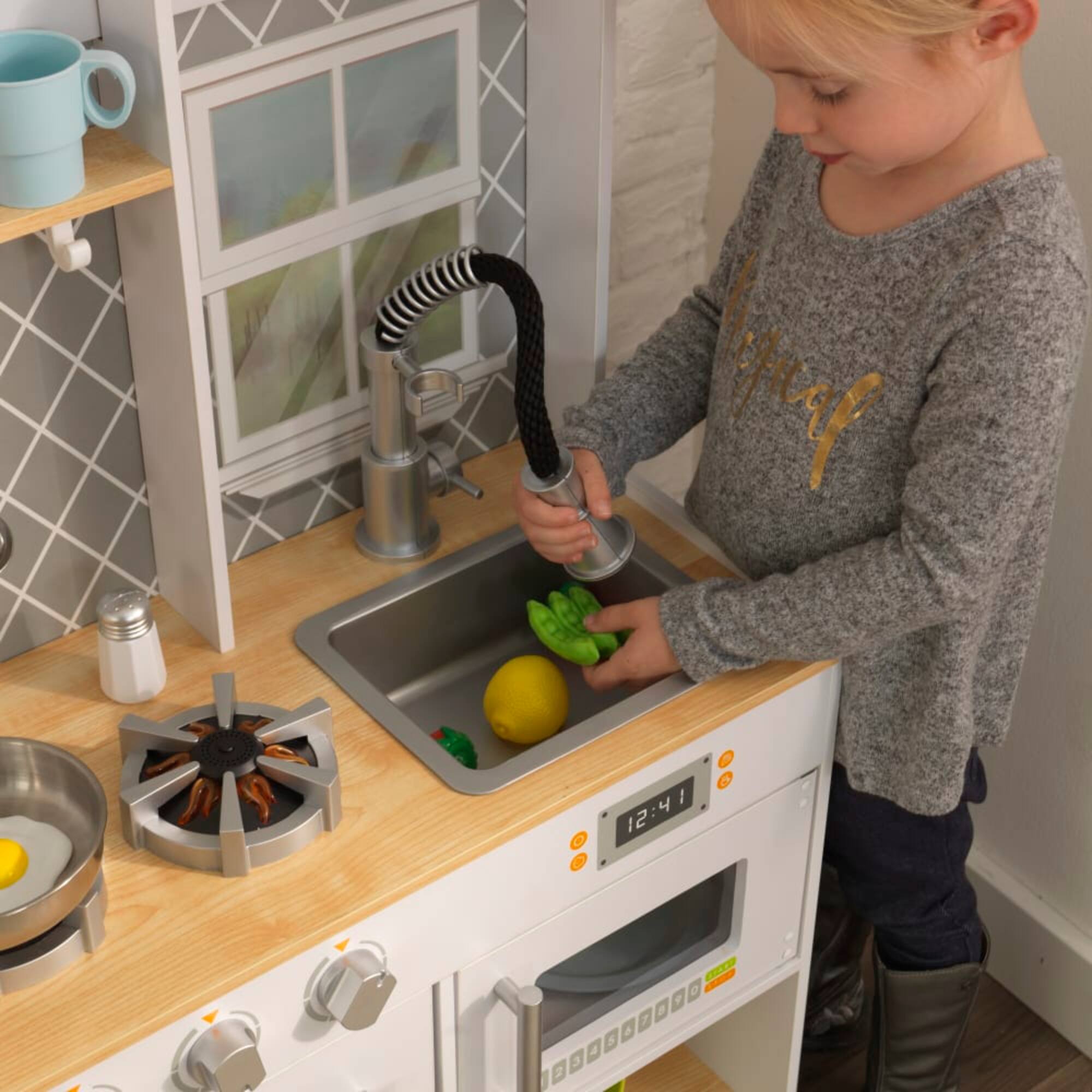 KidKraft Let's Cook Wooden Play Kitchen with Lights & Sounds & Pull-Down Faucet